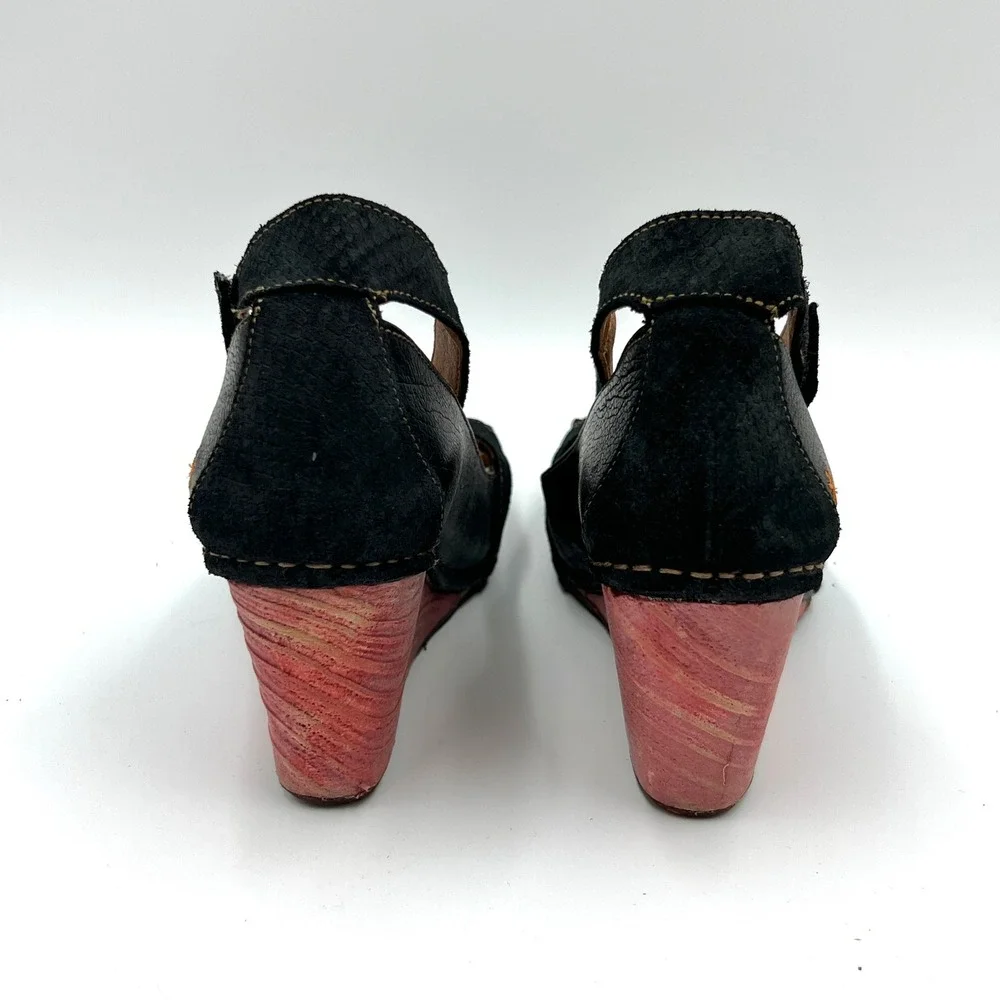 Art Company Black Leather Pink Wedge Ankle Strap Sandals Peep Toe EU 41 Chunky